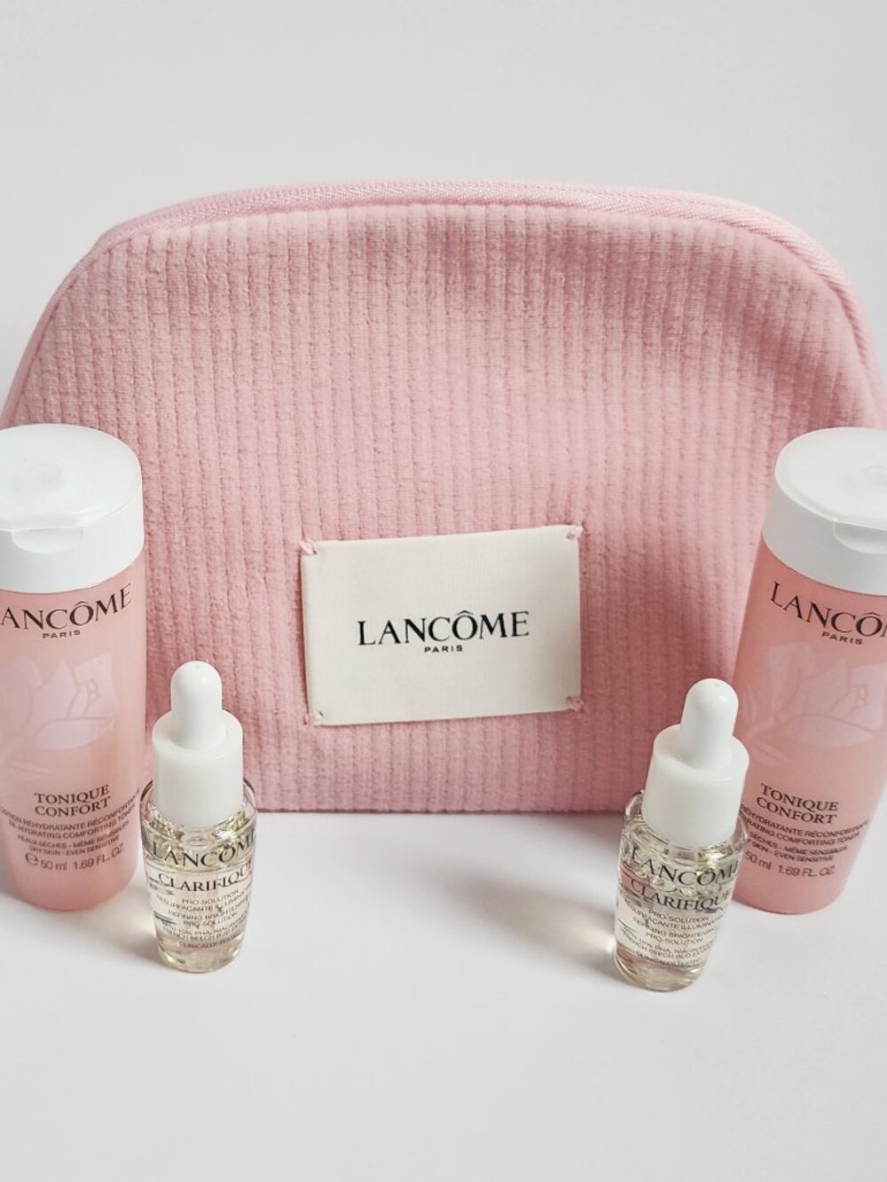 NEW Lancôme 5pc Skincare Set 2 Tonique Confort, 2 Clarifique Pro-Solution, Bag